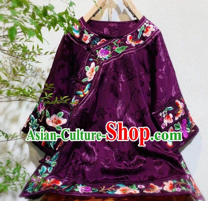 China Traditional Qing Dynasty Women Purple Silk Jacket Tang Suit Embroidered Blouse