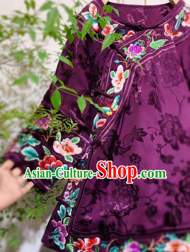 China Traditional Qing Dynasty Women Purple Silk Jacket Tang Suit Embroidered Blouse