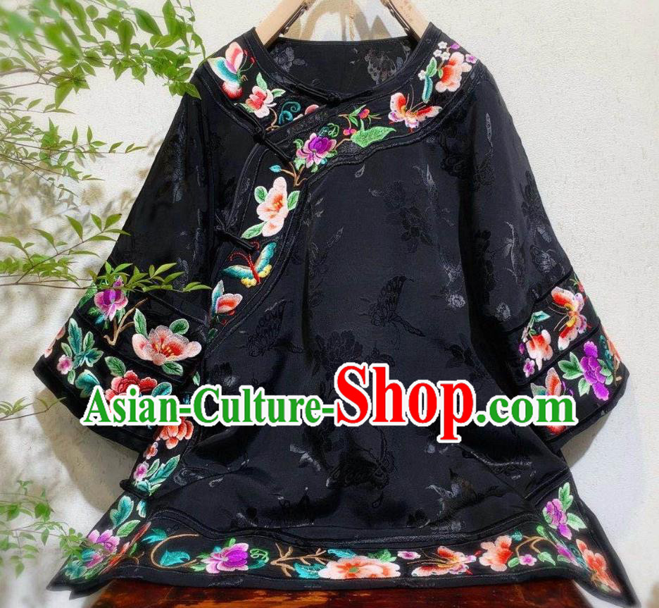China Tang Suit Embroidered Blouse Traditional Qing Dynasty Women Black Silk Jacket