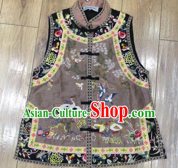 China Tang Suit Grey Waistcoat National Female Clothing Embroidered Cranes Vest