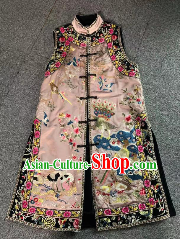 China Tang Suit Pink Silk Long Waistcoat National Female Clothing Embroidered Birds Cotton Wadded Vest