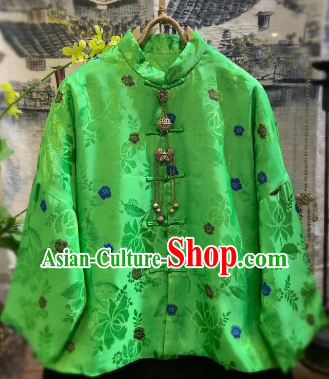 China Tang Suit Outwear Clothing Traditional Green Silk Jacket