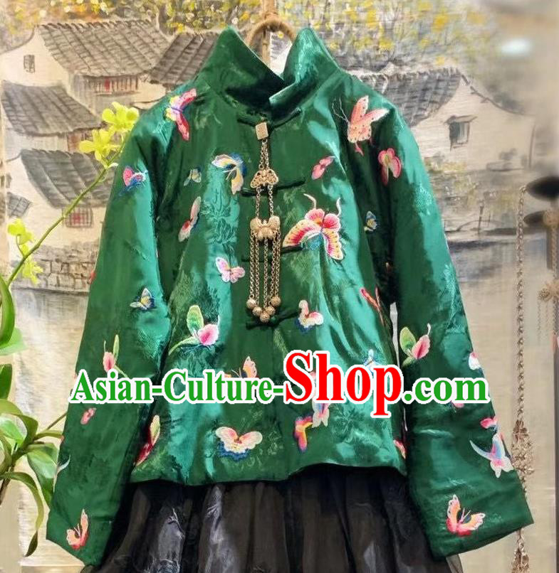 China Traditional Embroidered Butterfly Green Silk Jacket Tang Suit Cotton Padded Coat Clothing