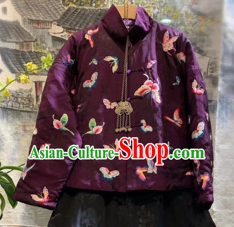 China Tang Suit Cotton Padded Coat Clothing Traditional Embroidered Butterfly Purple Silk Jacket