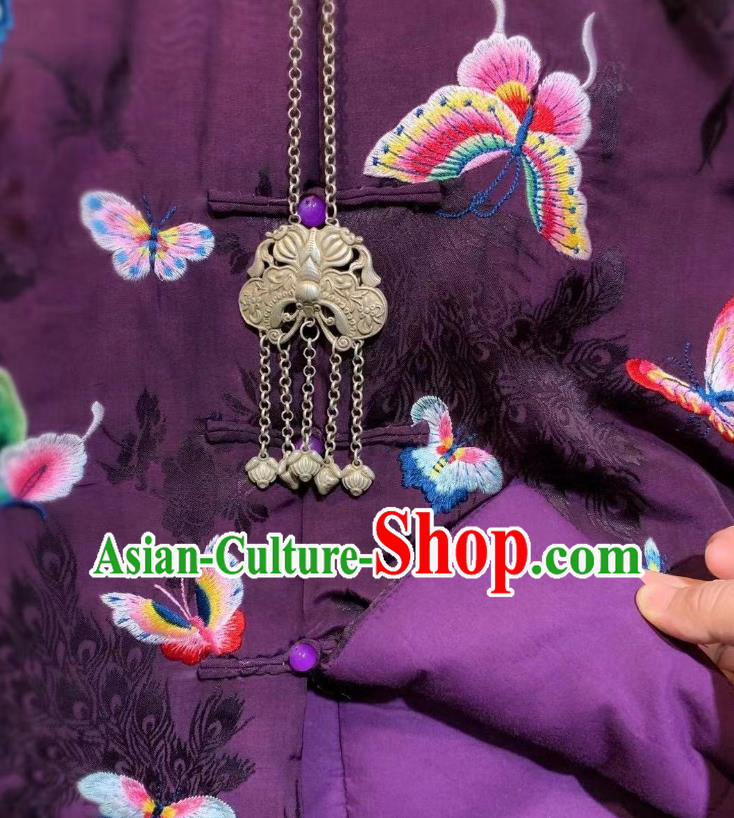 China Tang Suit Cotton Padded Coat Clothing Traditional Embroidered Butterfly Purple Silk Jacket