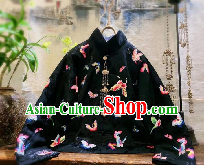 China Tang Suit Clothing Traditional Embroidered Butterfly Black Silk Jacket Cotton Padded Coat