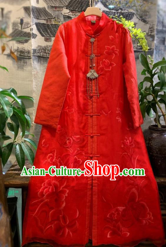 China Traditional Red Silk Dust Coat Tang Suit Clothing National Outer Wear