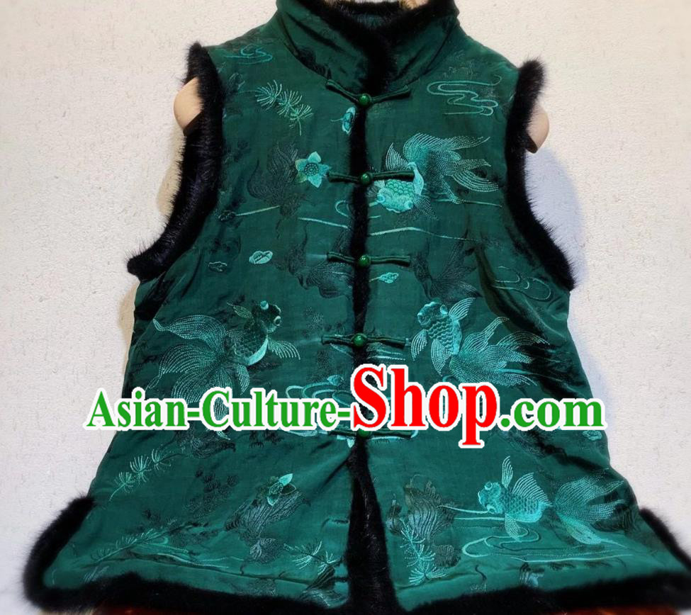 China Tang Suit Green Silk Waistcoat National Female Clothing Embroidered Goldfish Cotton Wadded Vest