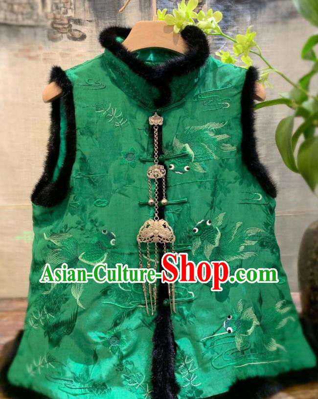 China National Female Clothing Embroidered Goldfish Cotton Wadded Vest Tang Suit Green Silk Waistcoat