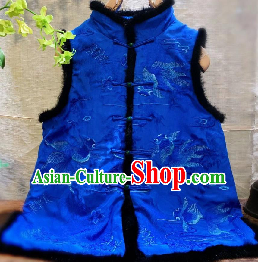 China Tang Suit Royalblue Silk Waistcoat National Winter Clothing Embroidered Goldfish Vest