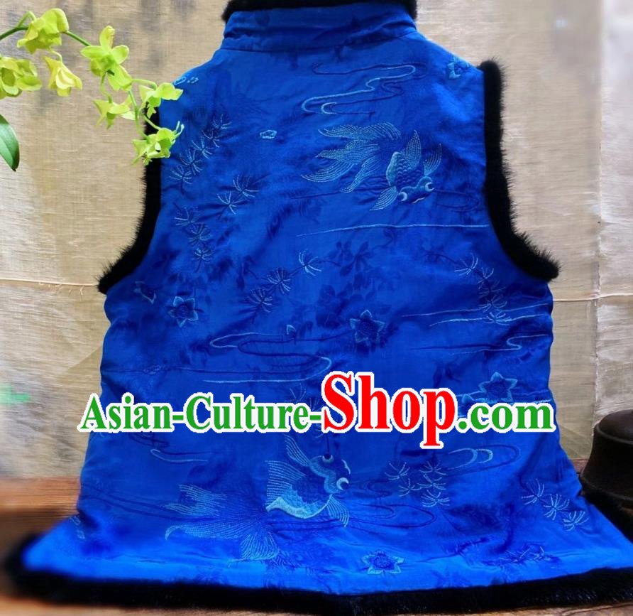 China Tang Suit Royalblue Silk Waistcoat National Winter Clothing Embroidered Goldfish Vest