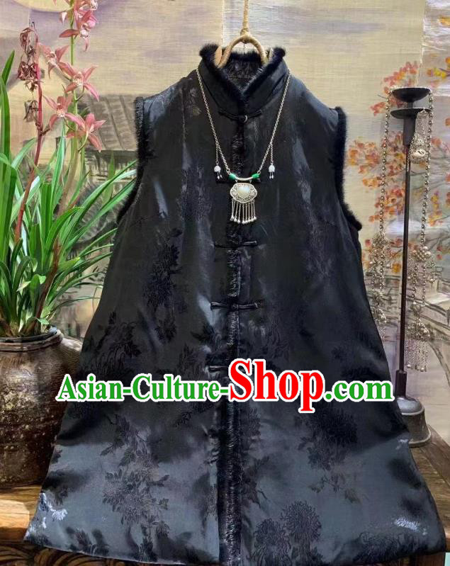 China National Winter Chrysanthemum Pattern Vest Women Upper Outer Garment Clothing Tang Suit Black Silk Waistcoat