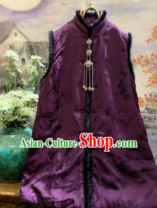 China Women Upper Outer Garment Clothing Tang Suit Deep Purple Waistcoat National Butterfly Pattern Vest