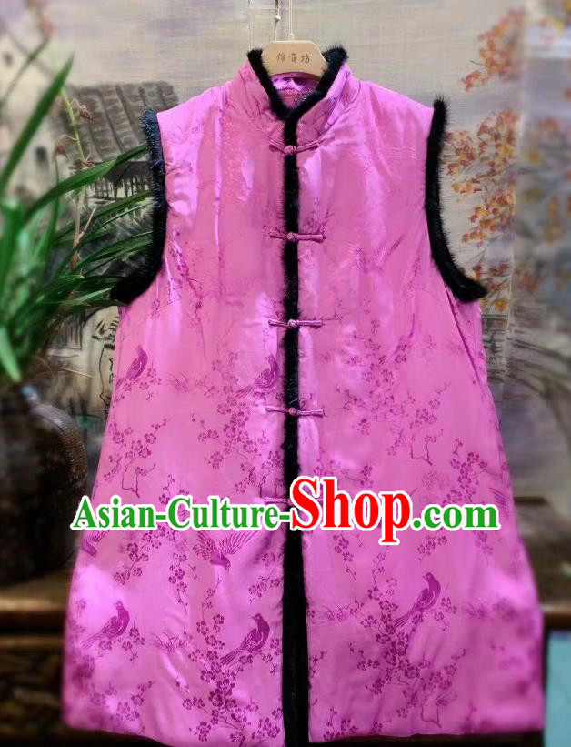 China Tang Suit Pink Waistcoat National Women Upper Outer Garment Clothing Plum Blossom Pattern Silk Vest