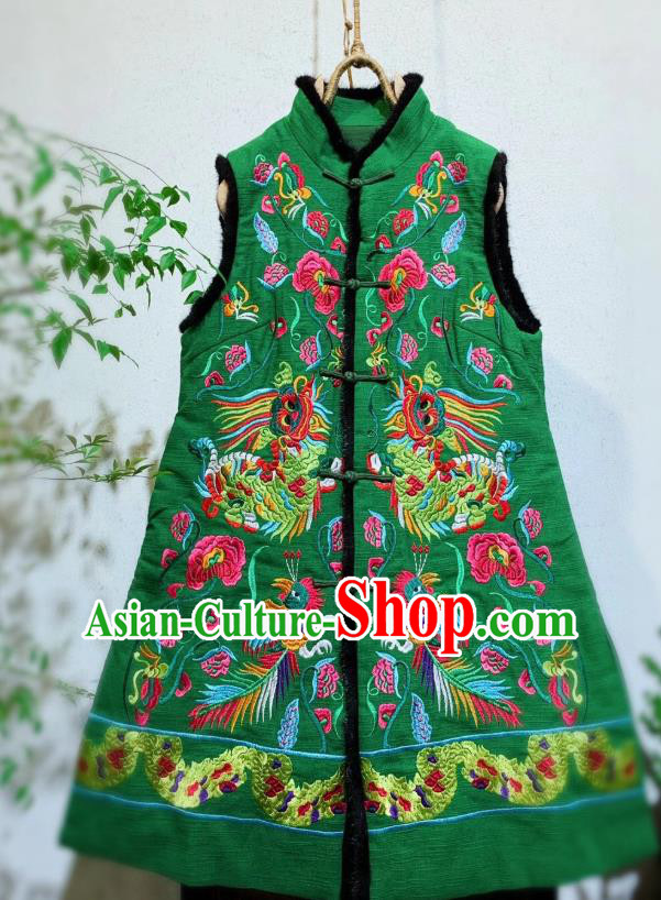 China Tang Suit Long Waistcoat National Winter Clothing Embroidered Dragons Green Flax Vest