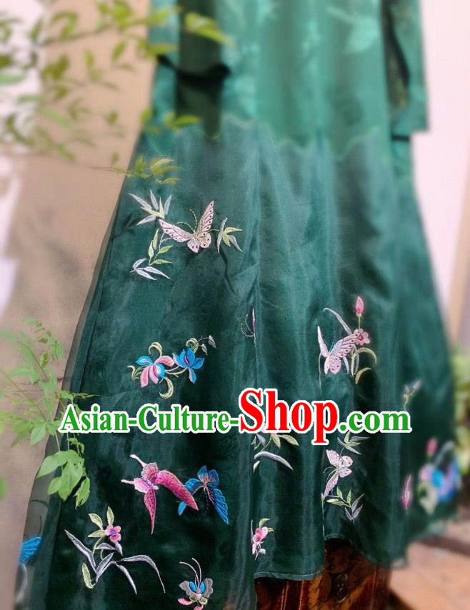 Chinese National Green Silk Cheongsam Clothing Traditional Embroidered Butterfly Long Qipao Dress