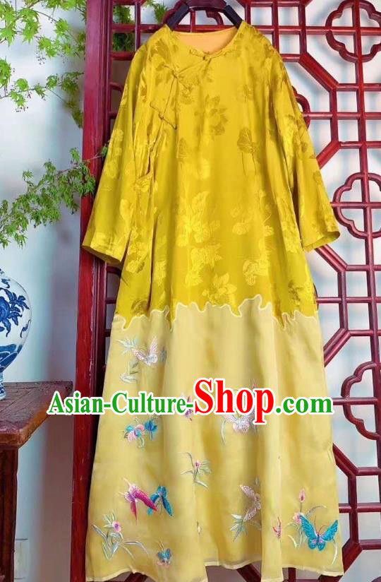 Traditional Chinese Yellow Silk Cheongsam Embroidered Butterfly Long Qipao Dress National Clothing