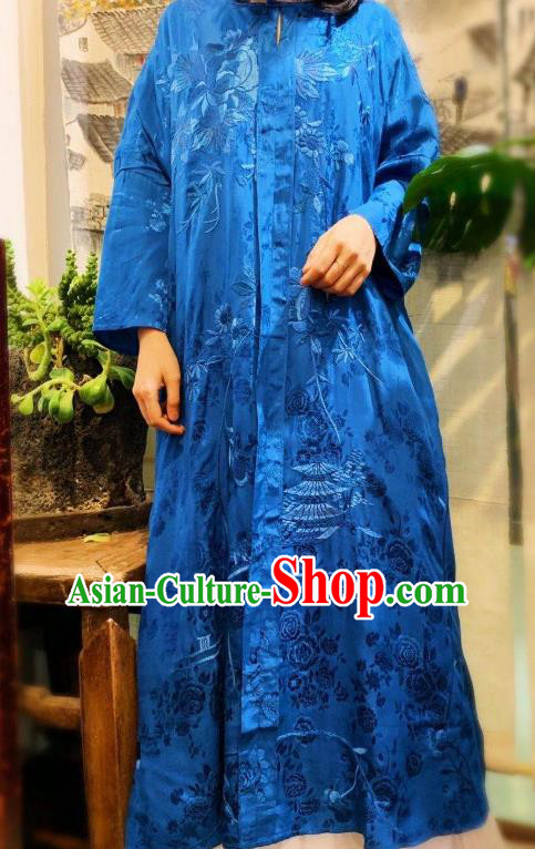 Traditional Chinese Royalblue Silk Cheongsam National Clothing Embroidered Long Qipao Dress