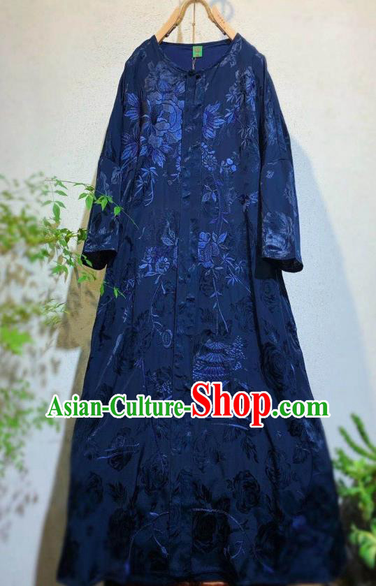 Chinese Embroidered Long Qipao Dress Traditional Navy Blue Silk Cheongsam National Clothing