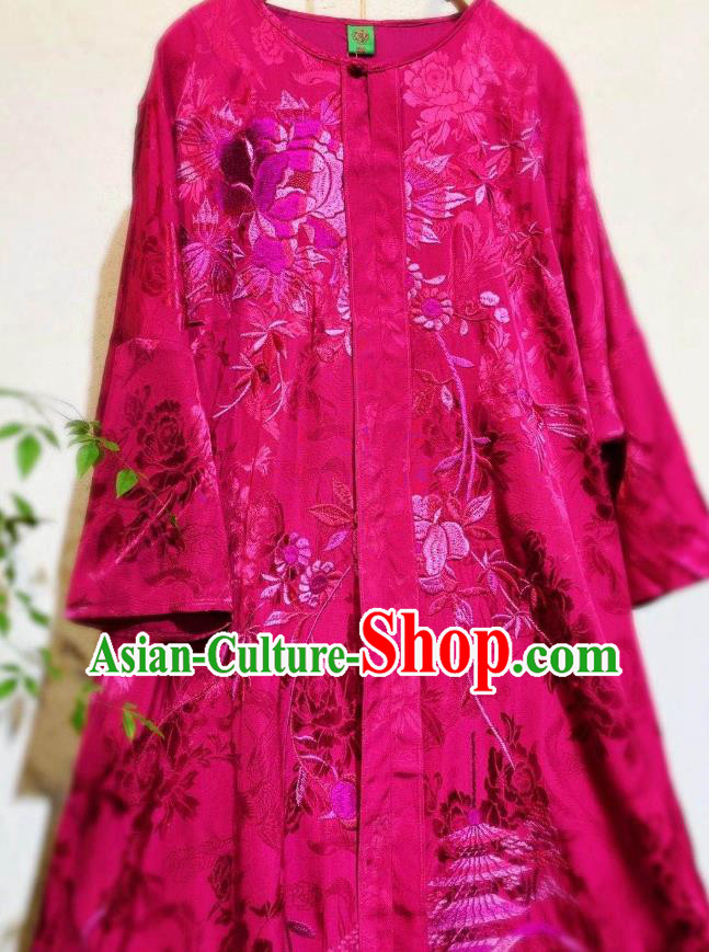 Chinese Traditional Rosy Silk Cheongsam National Clothing Embroidered Long Qipao Dress