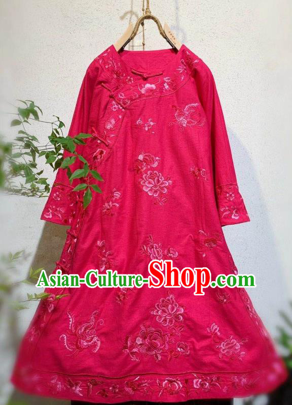 Chinese National Clothing Embroidered Rosy Flax Qipao Dress Traditional Round Collar Cheongsam