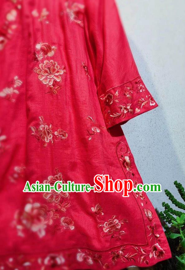 Chinese National Clothing Embroidered Rosy Flax Qipao Dress Traditional Round Collar Cheongsam