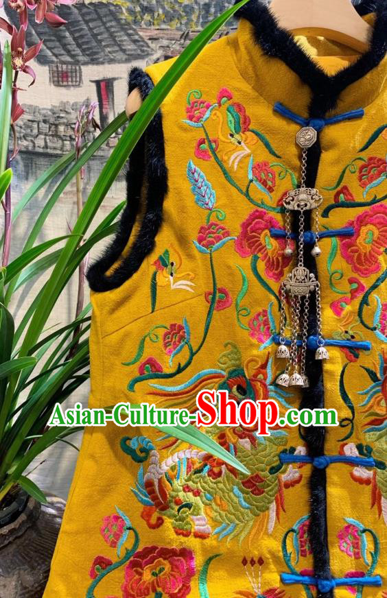China Embroidered Dragons Yellow Vest Tang Suit Long Waistcoat National Winter Clothing