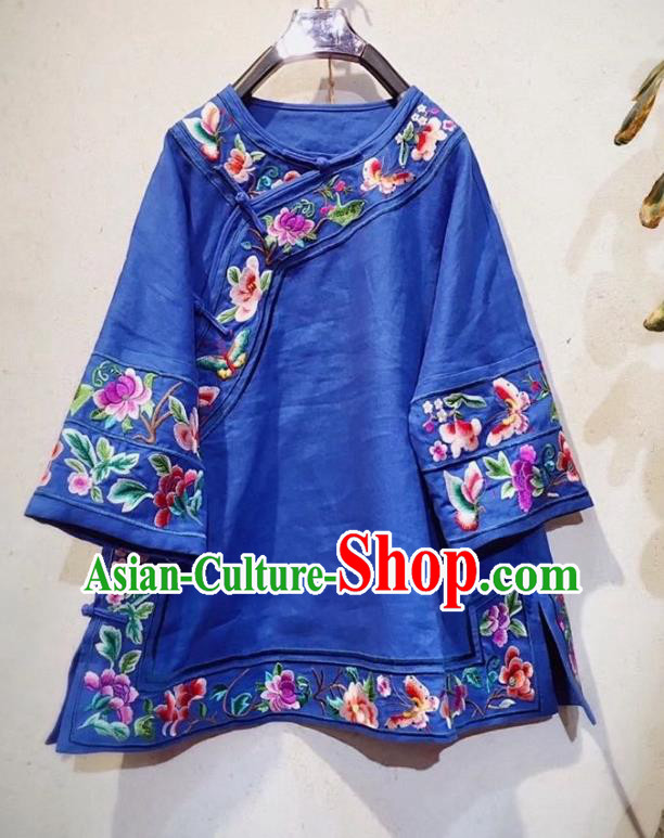 China Traditional Royalblue Flax Blouse Tang Suit Upper Outer Garment National Embroidered Shirt Clothing