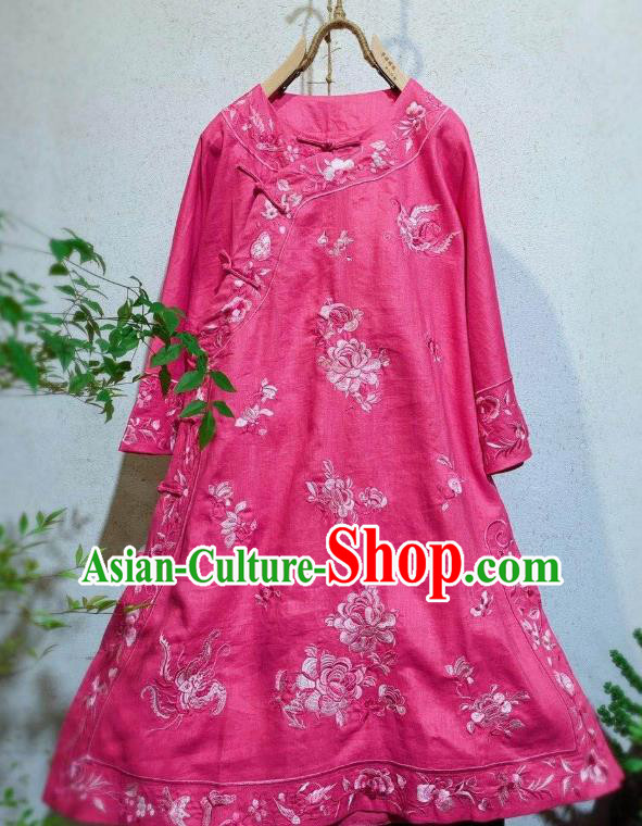 Chinese Embroidered Pink Flax Qipao Dress Traditional Round Collar Cheongsam National Clothing
