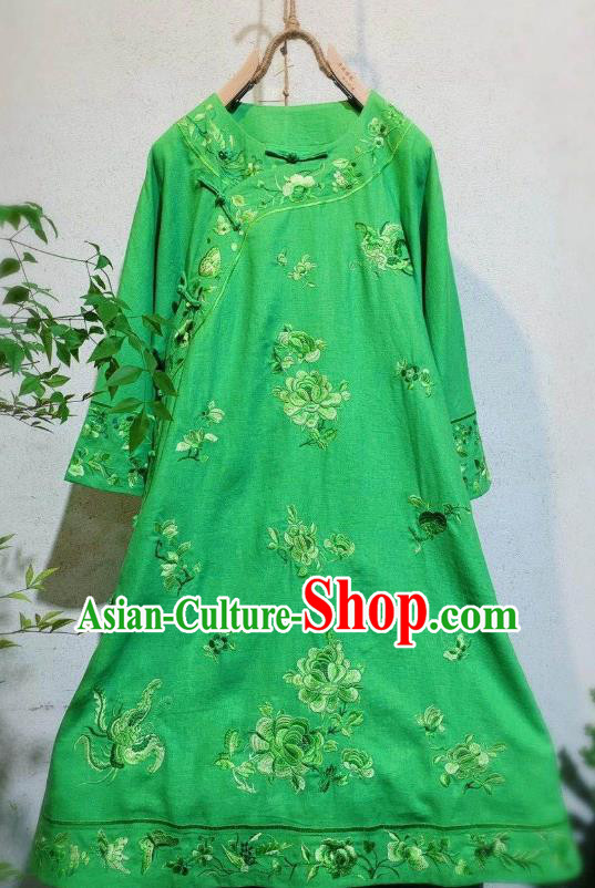 Chinese Traditional Embroidered Round Collar Cheongsam National Woman Clothing Green Flax Qipao Dress