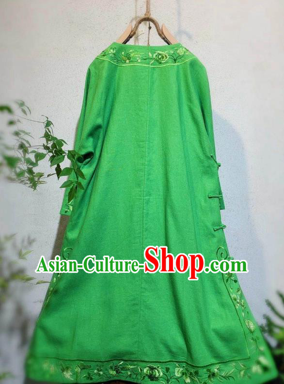 Chinese Traditional Embroidered Round Collar Cheongsam National Woman Clothing Green Flax Qipao Dress
