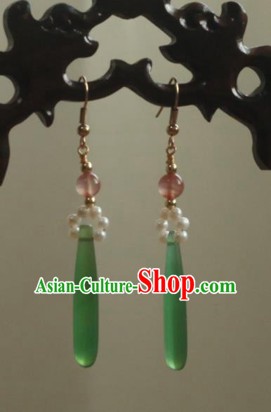 China Ancient Palace Lady Pearls Ear Jewelry Traditional Qing Dynasty Princess Jade Earrings