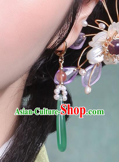 China Ancient Palace Lady Pearls Ear Jewelry Traditional Qing Dynasty Princess Jade Earrings