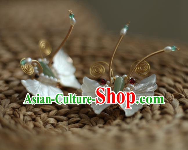 Chinese Handmade Jade Pearls Hairpin Traditional Hanfu Hair Accessories Ancient Princess White Shell Butterfly Hair Claw