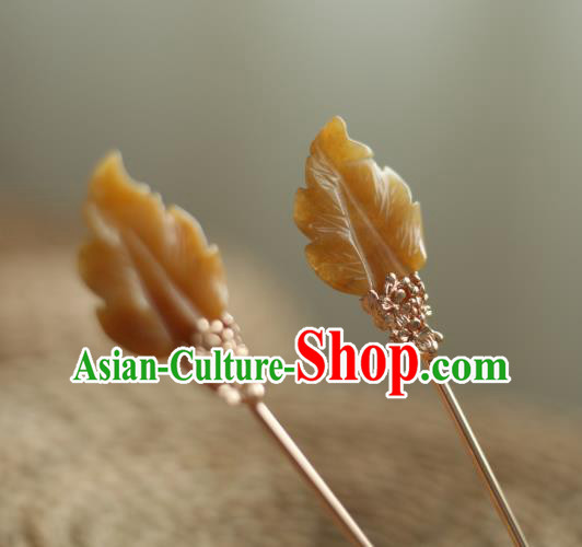 Chinese Handmade Yellow Jade Leaf Hairpin Traditional Hanfu Hair Accessories Ancient Princess Hair Clip