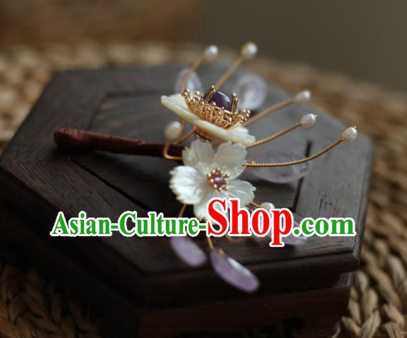Chinese Handmade Shell Hairpin Traditional Hanfu Hair Accessories Ancient Princess Amethyst Hair Stick