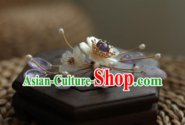 Chinese Handmade Shell Hairpin Traditional Hanfu Hair Accessories Ancient Princess Amethyst Hair Stick