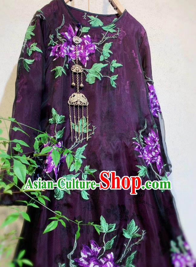 Chinese National Clothing Deep Purple Silk Qipao Dress Traditional Embroidered Cheongsam