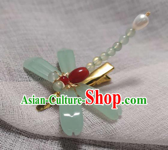 Chinese Handmade Green Dragonfly Hairpin Traditional Hanfu Hair Accessories Ancient Princess Agate Hair Stick