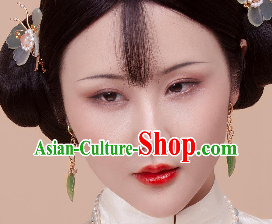 China Traditional Ming Dynasty Earrings Ancient Princess Jade Leaf Ear Jewelry