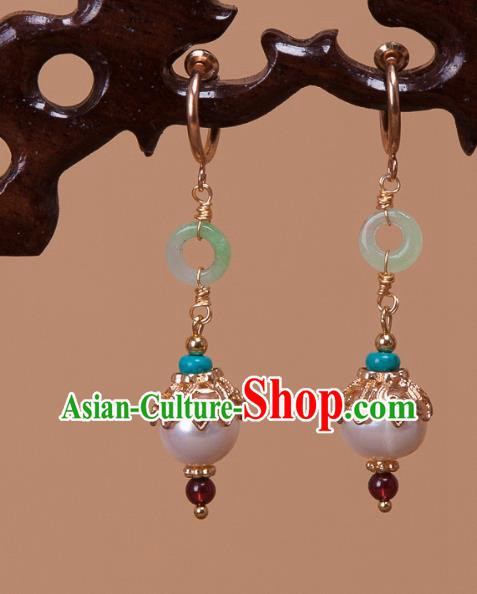 China Traditional Qing Dynasty Court Pearl Earrings Ancient Princess Jade Garnet Ear Jewelry
