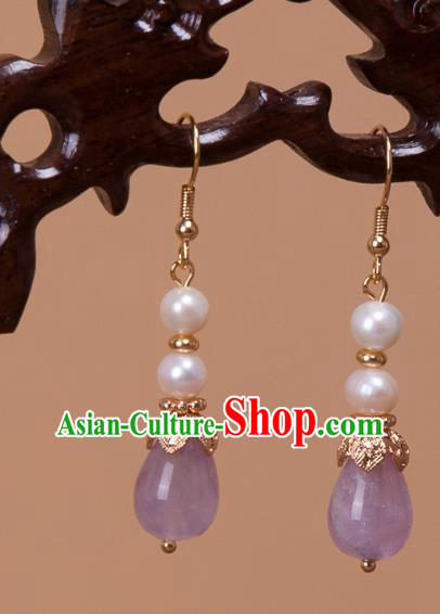 China Traditional Qing Dynasty Pearls Earrings Ancient Princess Amethyst Ear Jewelry