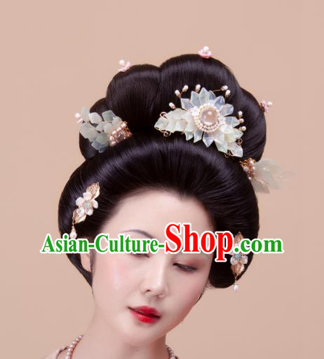 Chinese Handmade Jade Hair Crown Traditional Tang Dynasty Hanfu Hair Accessories Ancient Imperial Consort Pearls Hairpin