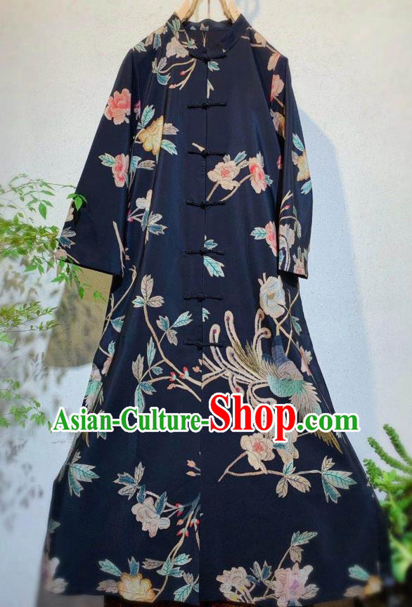 Chinese Traditional Navy Blue Cheongsam National Clothing Printing Phoenix Peony Qipao Dress