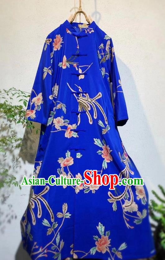 Chinese Printing Phoenix Peony Qipao Dress Traditional Royalblue Cheongsam National Clothing