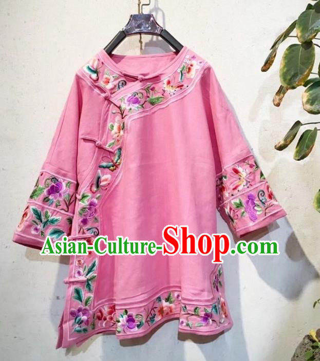 China National Embroidered Upper Outer Garment Traditional Pink Flax Blouse Tang Suit Shirt Clothing