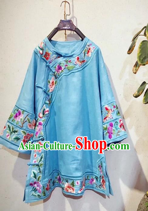 China Tang Suit Shirt Clothing National Embroidered Upper Outer Garment Traditional Blue Flax Blouse