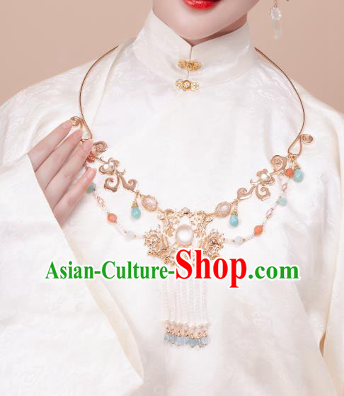 China Traditional Hanfu Beads Tassel Necklace Handmade Ancient Princess Golden Dragon Necklet Accessories