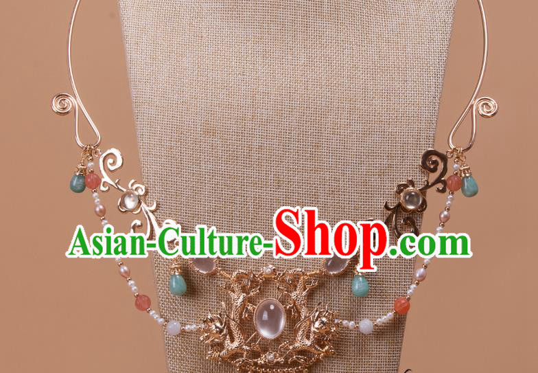 China Traditional Hanfu Beads Tassel Necklace Handmade Ancient Princess Golden Dragon Necklet Accessories