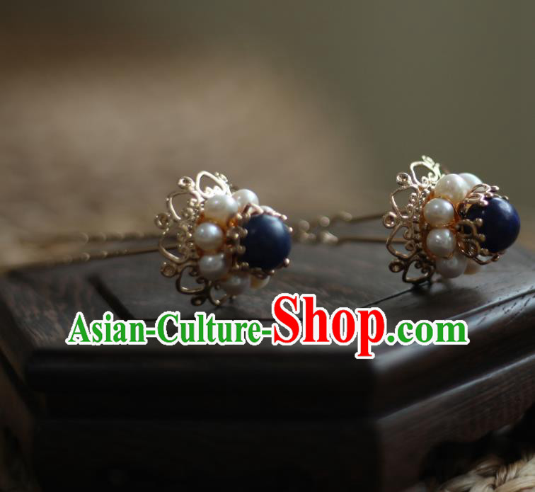Chinese Handmade Pearls Hair Stick Traditional Ming Dynasty Princess Lapis Golden Hairpin